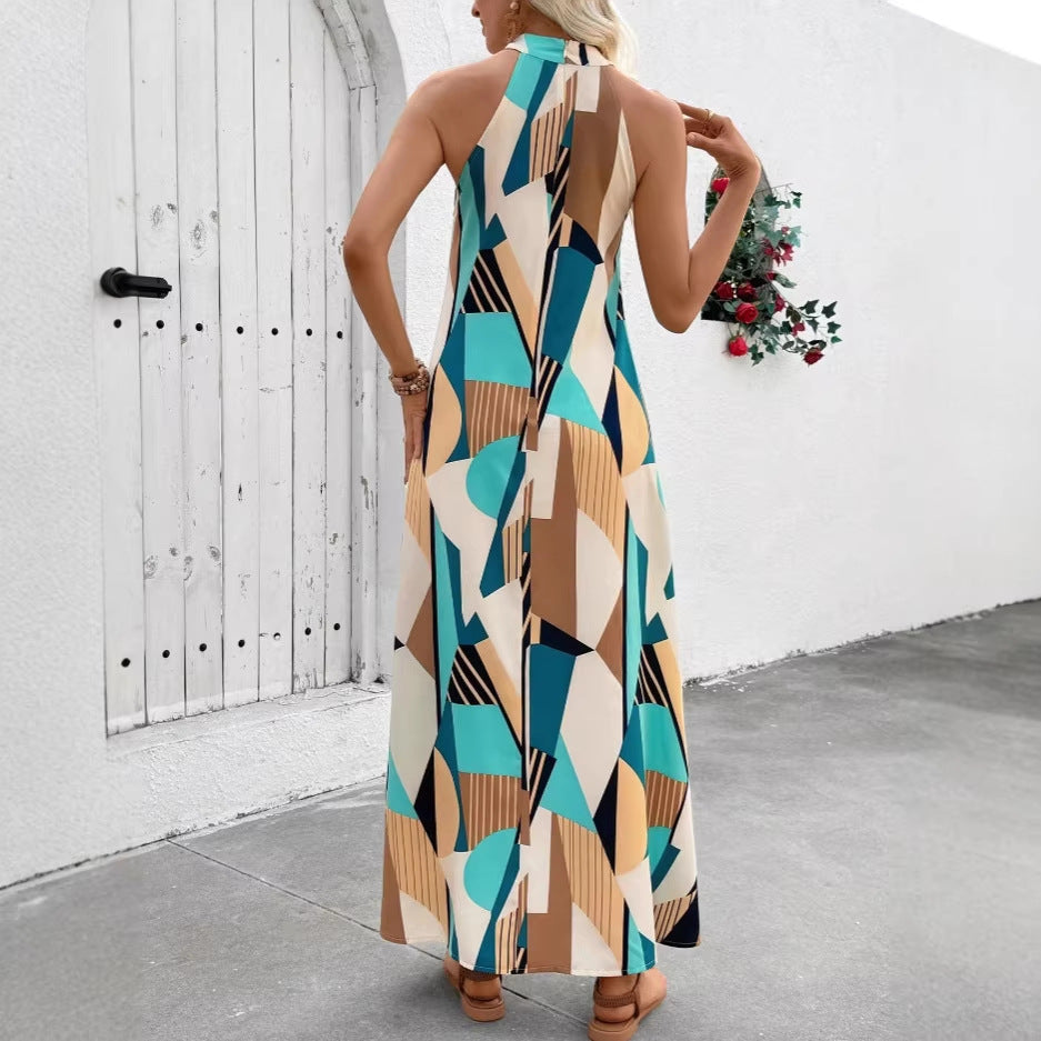 Amazon cross-border e-commerce women's casual vacation criss-cross tie neck loose a-line sleeveless maxi dress