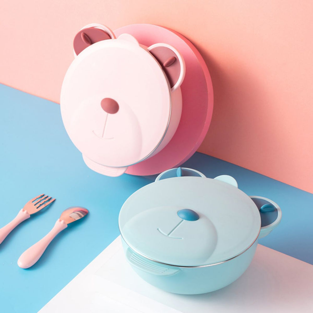 Wholesale stainless steel kids' meal set: baby suction plate, insulated water-filled bowl, divided plate, and weaning food utensil set