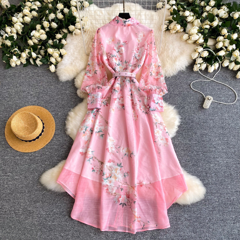 French print slim-fit hollow-out dress - women's long sleeve turn-down collar tie-waist a-line maxi dress - high-end commute style
