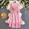 French print slim-fit hollow-out dress - women's long sleeve turn-down collar tie-waist a-line maxi dress - high-end commute style