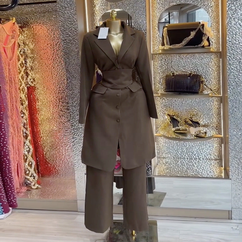 European and american cross-border women's fashion  spring new arrival: elegant mid-length long-sleeve blazer and high-waisted pants set
