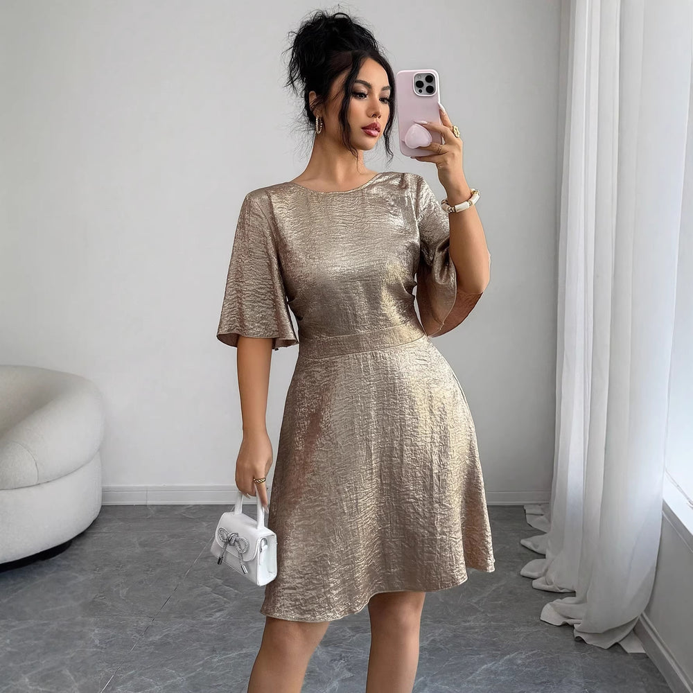 Amazon fashion cross-border women's flared sleeve backless tie-waist a-line mini dress