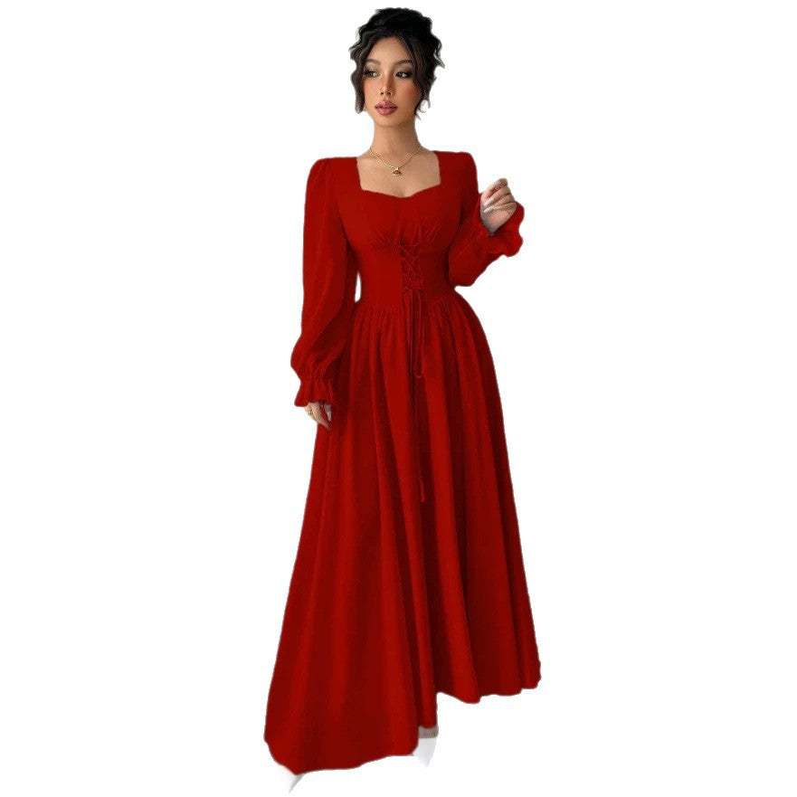 European and american cross-border  new arrival: red square neck bubble sleeve maxi dress with criss-cross tie waist