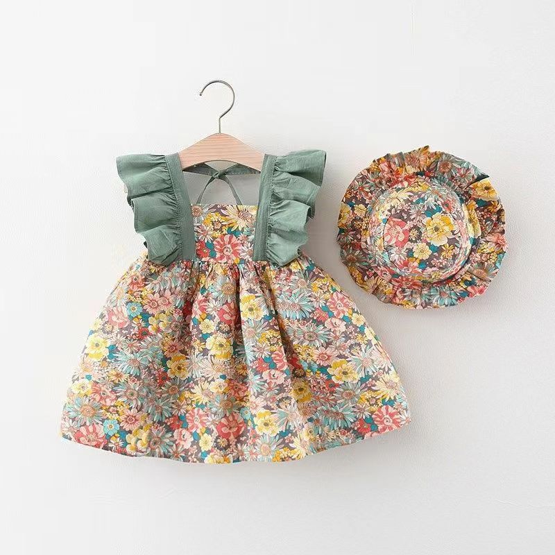 summer new arrival: girls' korean style floral flutter sleeve dress - princess dress with flutter sleeve patchwork and matching soft hat