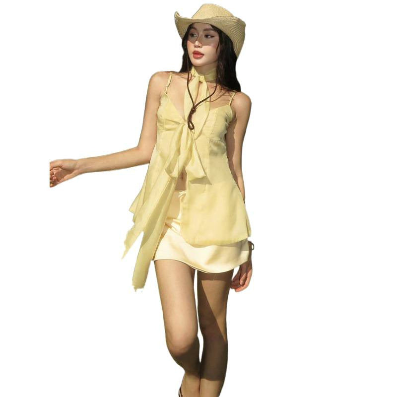 European and american women's clothing  summer new sexy sweet & spicy style cardigan bow tie asymmetrical see-through top