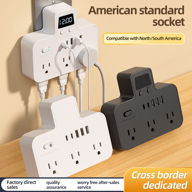 Us standard power strip, american plug adapter, us/canada converter, overload protection, ul/fcc certified, with clock