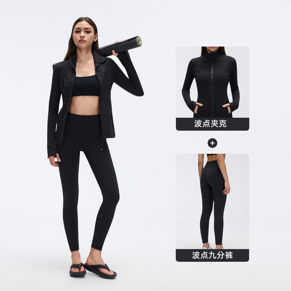 Big brand same style beautiful black polka dot yoga leggings women's stand collar jacket outwear silmslimming look sports suit