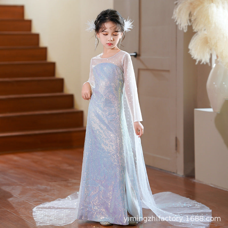 Amazon foreign trade custom girls' dress with cape, ribbon streamers, long sleeves, elsa princess dress, frozen new arrival