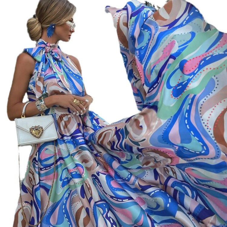 spring/summer european and american new women's french style maxi dress - chiffon camisole, blue high-waisted, elegant printed dress