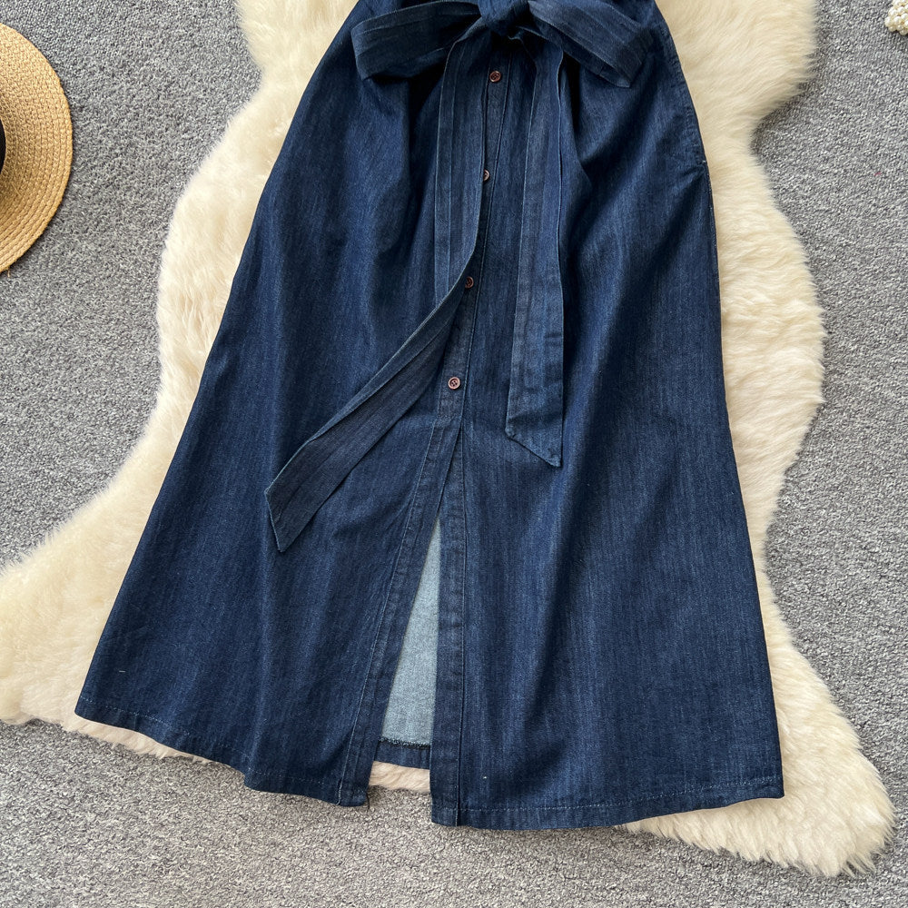 Korean style sleeveless denim dress for women,  summer design, tie-waist, slimming shirt dress, maxi length