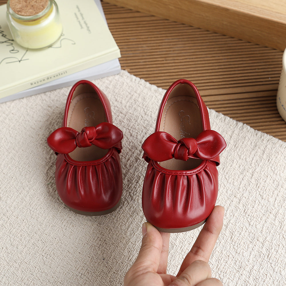 Vancahao girls' bow-tie princess shoes, new korean style slip-on leather flats for spring/autumn