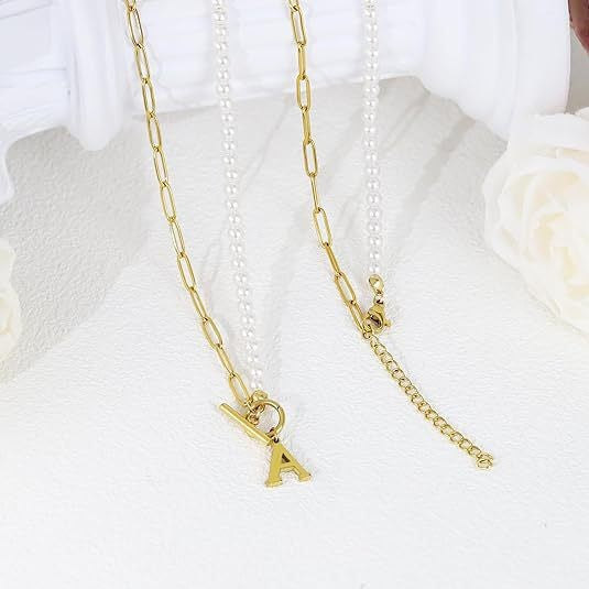 Amazon bestseller: pearl chain link necklace with english letter pendant - pearl chain letter necklace