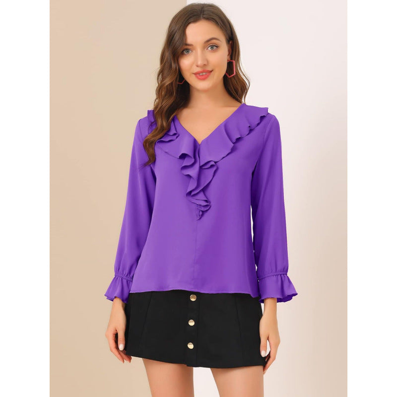 Amazon fashion ruffles chiffon long sleevesshirt women's  spring new arrival pure desire v necktops women