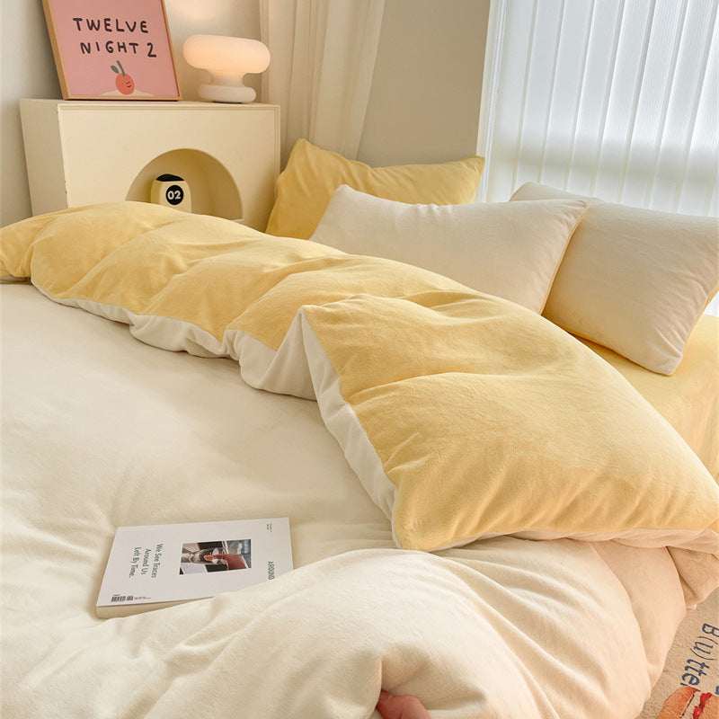 Solid color milk fleece four-piece set, winter thickened coral fleece bed sheet quilt cover, Nantong flannel bed three-piece set