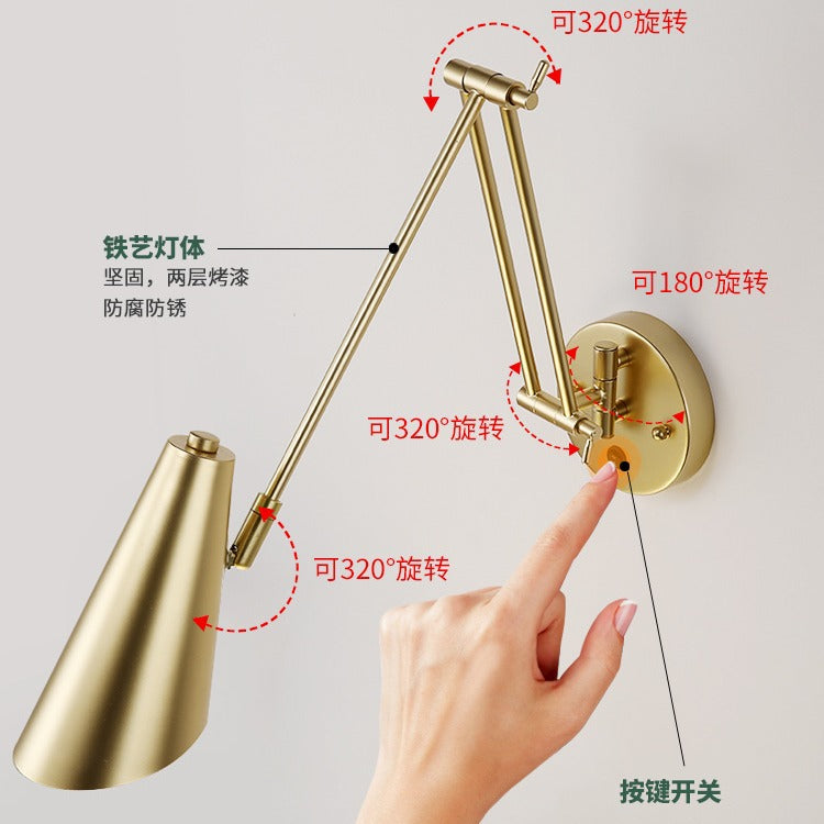 Wall lamp bedroom bedside reading eye protection study Nordic Internet celebrity with switch rotary telescopic folding long rocker arm lamp