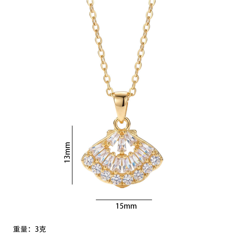 Popular internet celebrity fashionelegant copper inlaid with zirconium and full diamond shell necklace for women accessible luxuryniche style non-fading clavicle chain jewelry