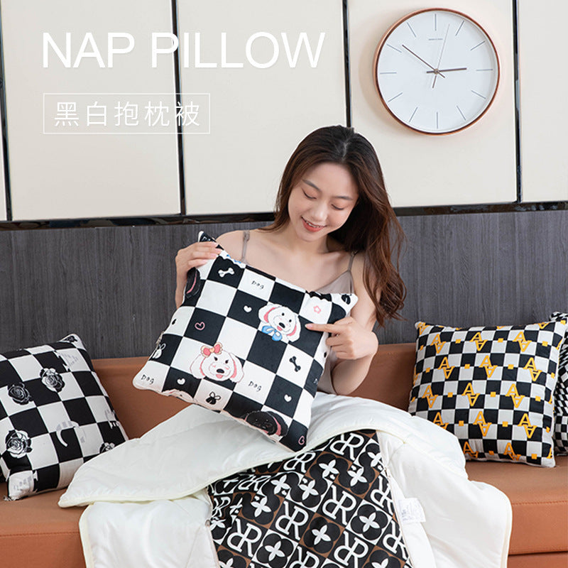 Multifunctional pillow quilt two-in-one scandinavian black and white checkerboard grids car cushion quilt office lunch break air-conditioning quilt