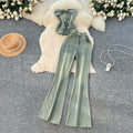 American retro slim-fit denim set: women's bandeau top & high-waisted flare jeans two-piece - summer slimming look