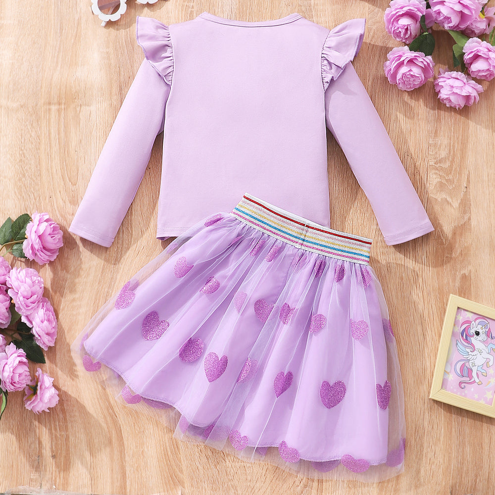 New girls' long-sleeve crewneck unicorn top + mesh heart skirt set