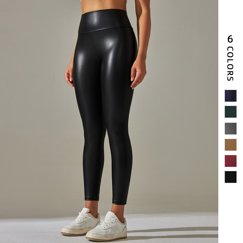 Clearance european and american cross-border  elastic pu leather pants women's colorful high waist tight butt outwear yoga bottom pants