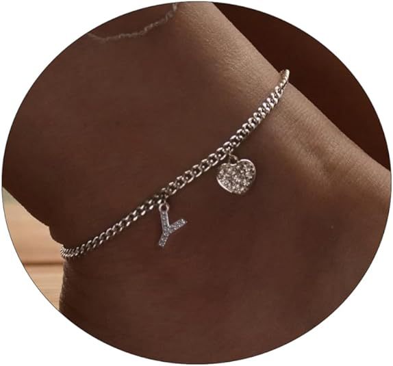 Amazon exquisite silver initial anklet - minimalist personalized letter anklet with cz heart cuban chain