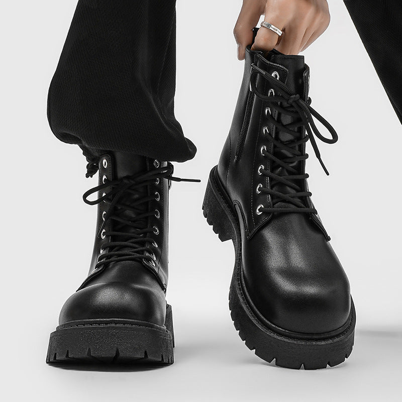 Side zipper boots men's high-top british style leather black workwear motorcycle boots spring height-increasing high-top short boots