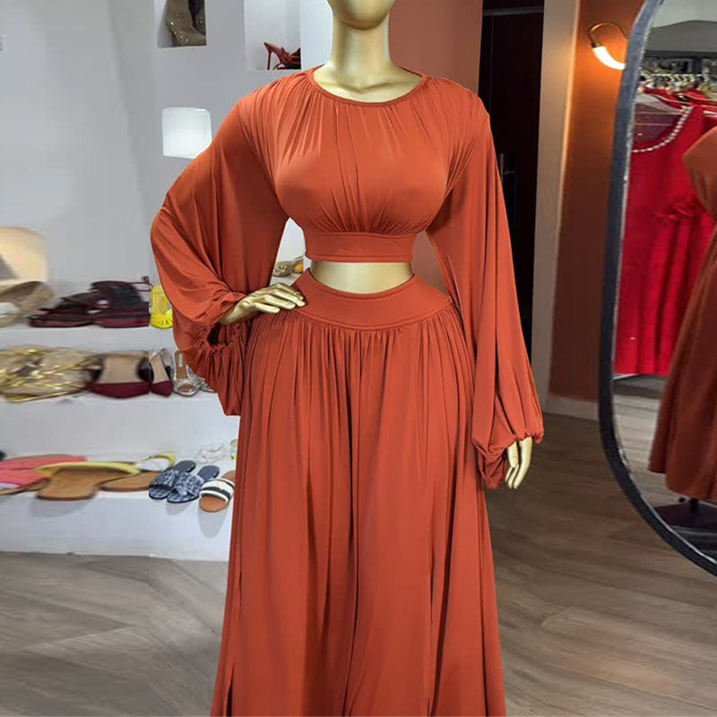 European and american women's clothing  autumn new collection: sweet and fresh round neck lantern sleeve blouse with high-waisted a-line midi skirt two-piece set