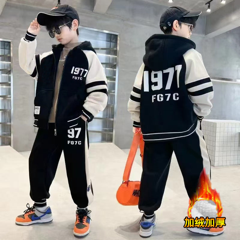 Boys' winter outfit set  new winter double-sided fleece two-piece set, mid-to-large children's autumn/winter style, boys' fleece-lined