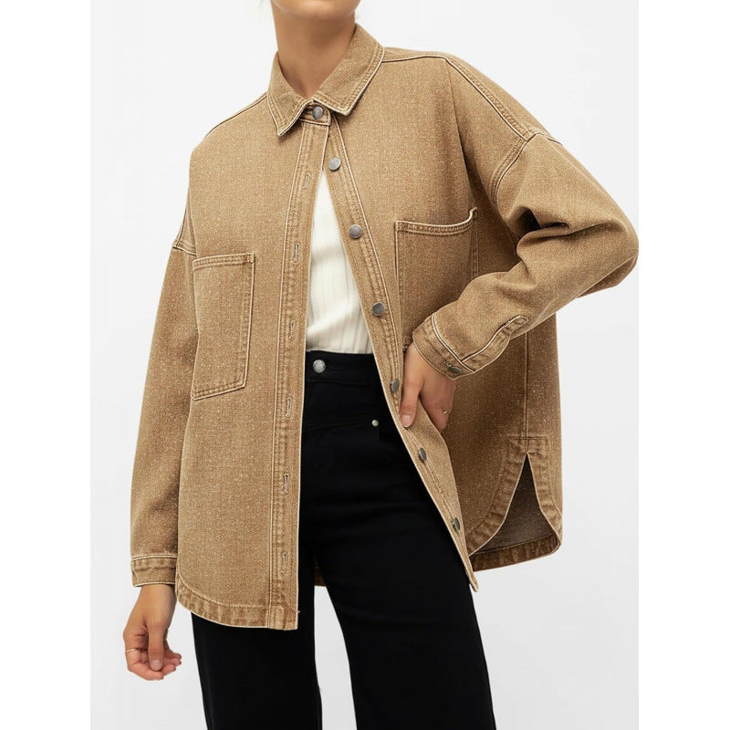 Amazon fashion elegant long sleeve button denim shirt women's  spring new style distressed denim jacket