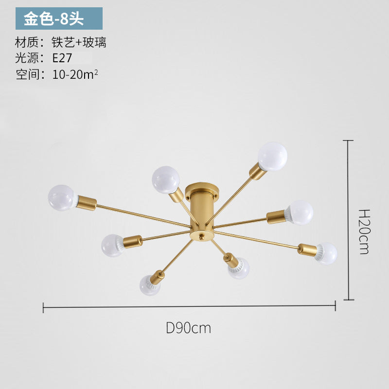 wholesale creative bedroom multi-head ceiling lamp scandinaviancasual iron art dining room living room study golden ceiling lamp