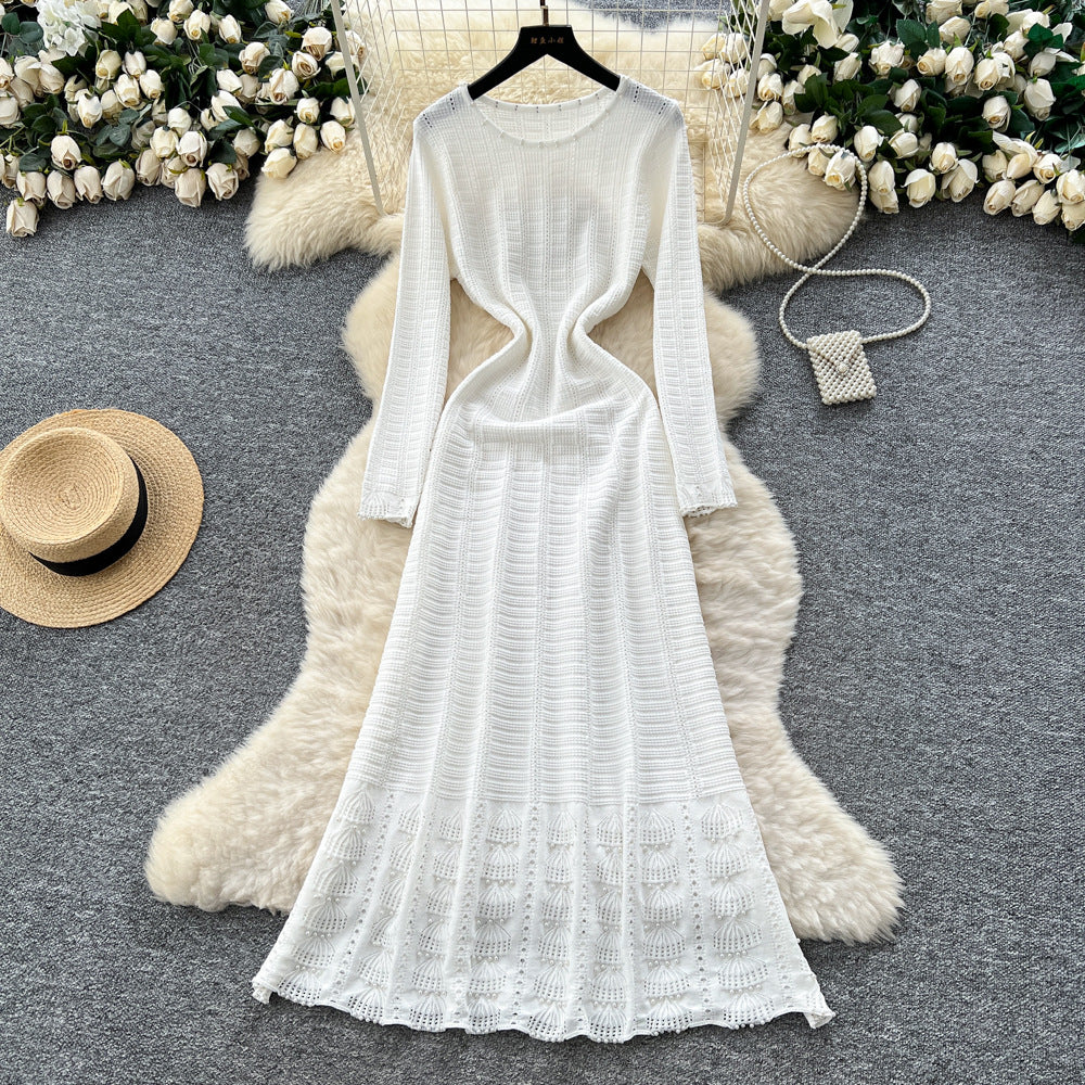 Xiaoxiangfengclassy sense of celebrity heavy industry beading round neck long sleevescut outknittingdress female waist inner long skirt
