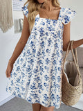Amazon fashion cross-border bohemia style floral flying sleeve square neck dress vacation style a-line skirt