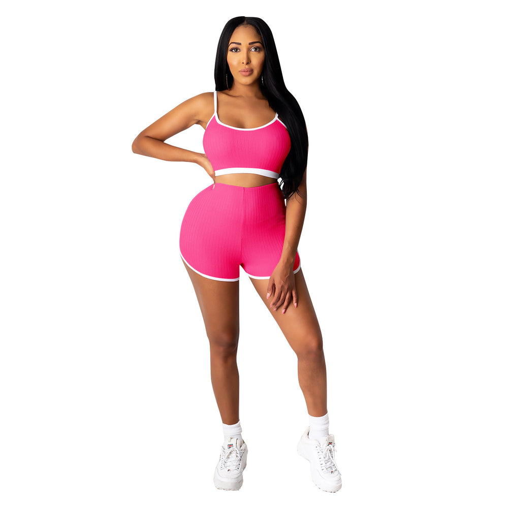 C3635 in-stock cross-border   fashion european and american women's yoga cropped tank top two-piece set