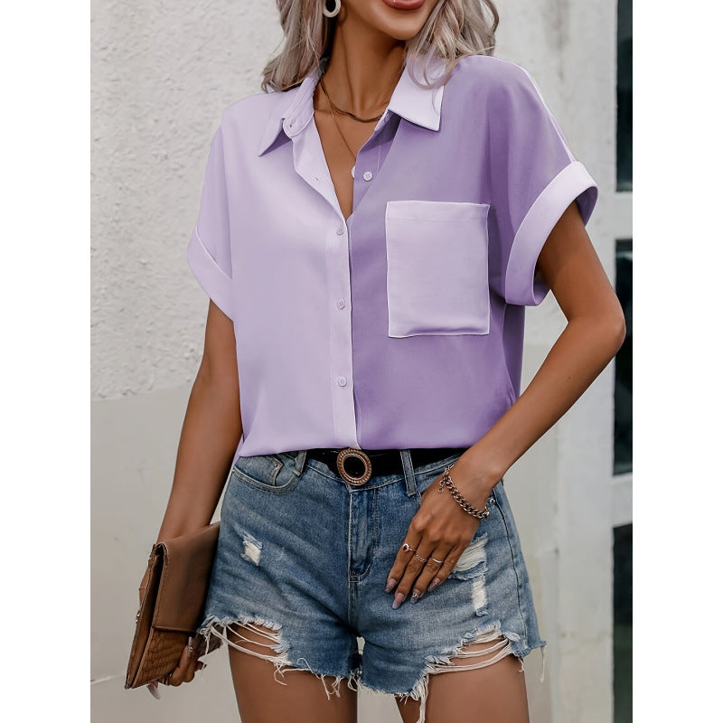 hot selling fashionpure colorpatchworkcontrast color bat sleeve short sleeve shirt tops women's shirt