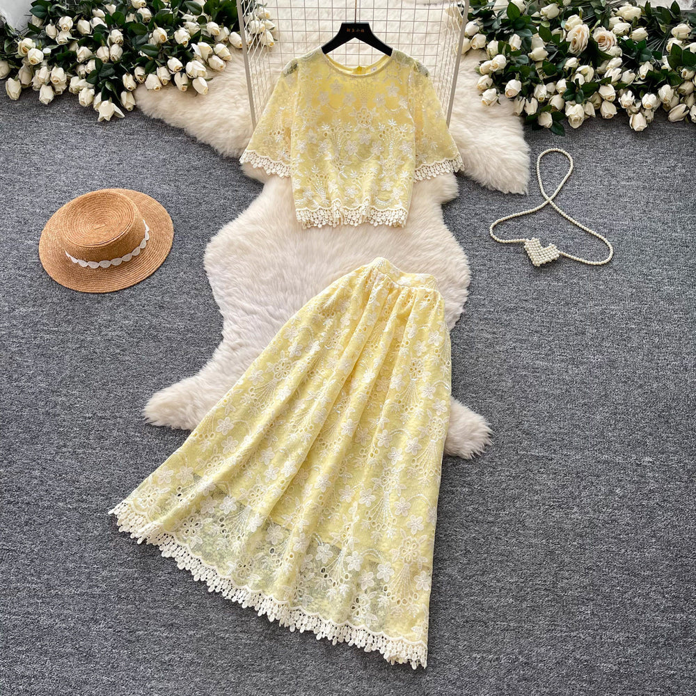 French gentle style heavy industry lacecut outtops high waist skirt women's summer gentle style two-piece set work clothing slimming look