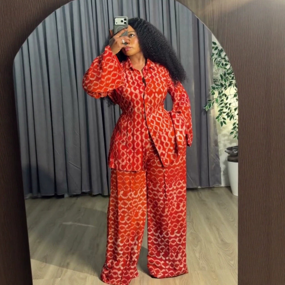 European and american cross-border women's fashion:  summer new collection - stylish printed long-sleeve shirred blouse and high-waisted wide-leg pants set