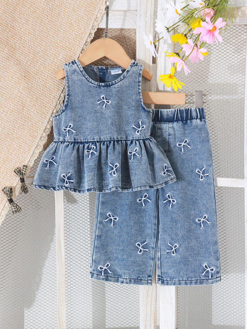 Children's clothing cross-border european and american girls blue sleeveless tops + pants two-piece set children's clothing