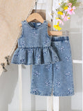 Children's clothing cross-border european and american girls blue sleeveless tops + pants two-piece set children's clothing