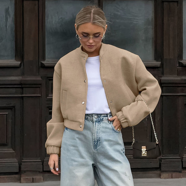 2024 autumn and winter design sense flight jacket fashion khaki thick stand-up collar woolen jacket commuter European and American women's clothing