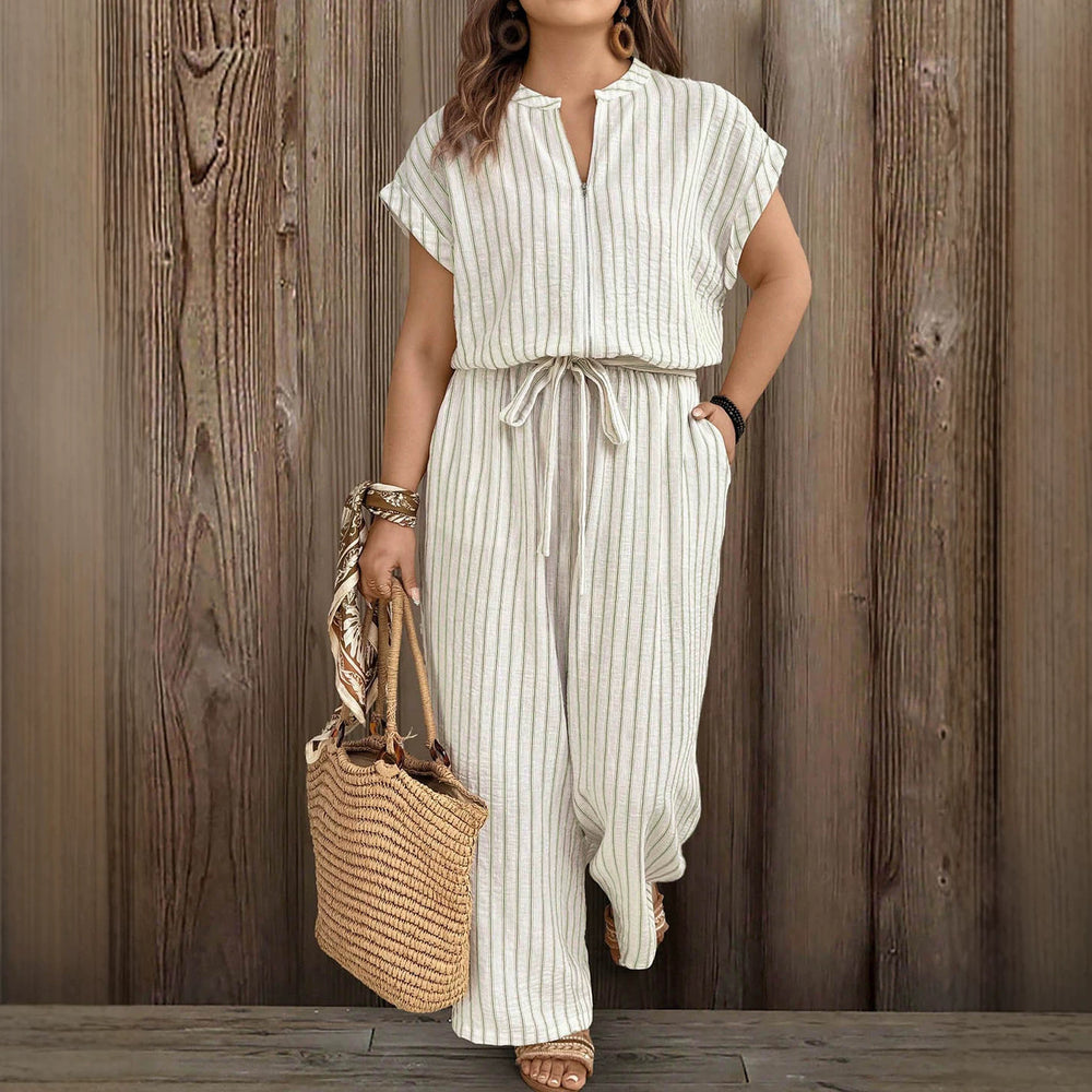 vacation striped plus size jumpsuit - front zipper, stand collar, drawstring waist, side pockets, loose wide leg