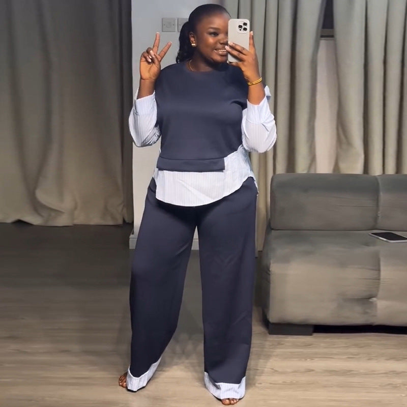 European and american cross-border women's clothing  summer new casual round neck faux two-piece sweatshirt high-waisted wide-leg pants set