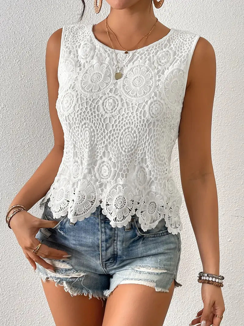 summer new european and american cross-border fashion casual versatile round neck lace hollow-out sleeveless tank top - stylish and elegant