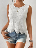 summer new european and american cross-border fashion casual versatile round neck lace hollow-out sleeveless tank top - stylish and elegant