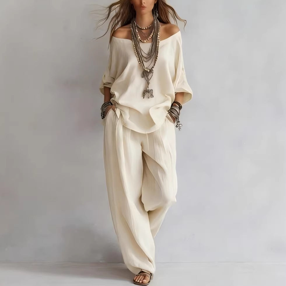 European and american cross-border  independent station summer new casual loose linen three-quarter sleeve top + wide-leg pants set