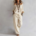 European and american cross-border  independent station summer new casual loose linen three-quarter sleeve top + wide-leg pants set