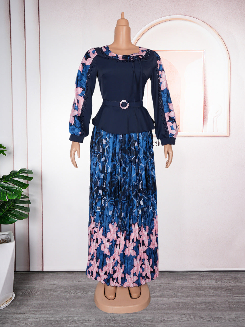 African women's plus size printed color block dress  chic commute two-piece set skirt pleated skirt set