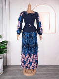African women's plus size printed color block dress  chic commute two-piece set skirt pleated skirt set