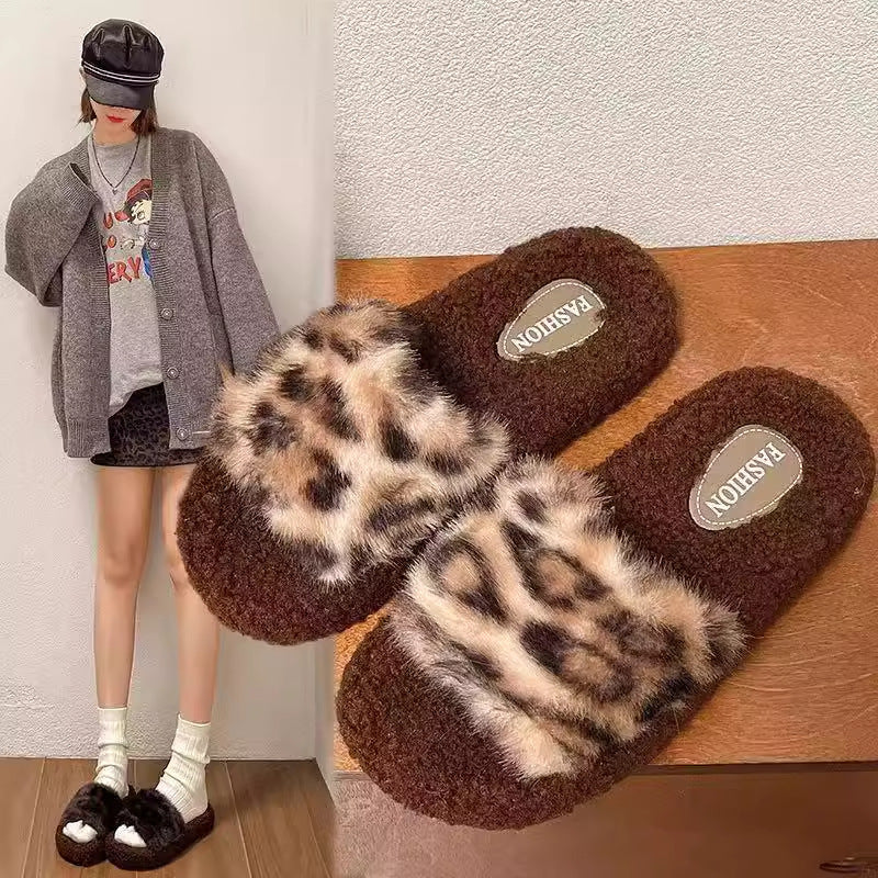 Women's cotton slippers - new autumn/winter outdoor style, trendy anti-slip platform slides with leopard print faux fur trim