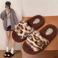 Women's cotton slippers - new autumn/winter outdoor style, trendy anti-slip platform slides with leopard print faux fur trim
