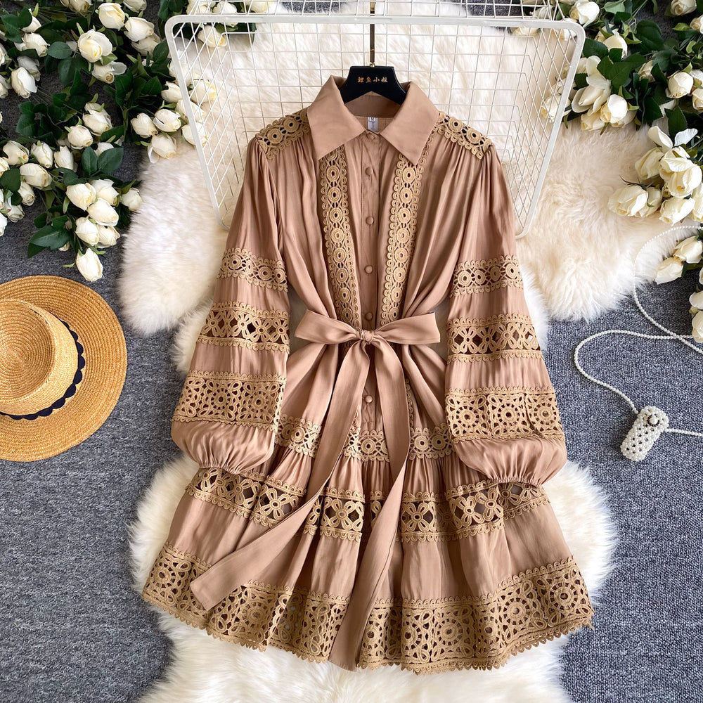 French court style lace embroidered hollow-out dress - women's spring long sleeve turn-down collar tie-waist a-line slimming dress